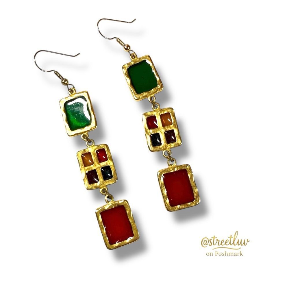 Vintage Gold Tone Multicolor Art Glass Drop Earrings